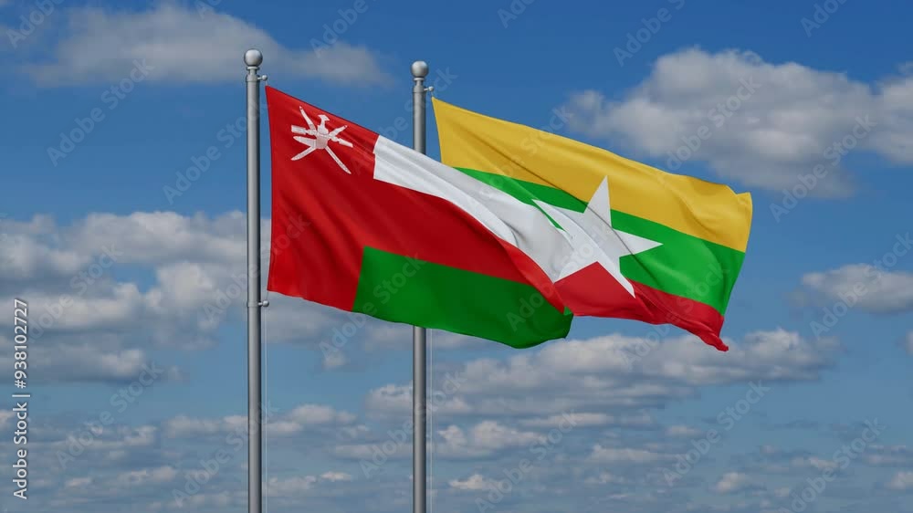 Myanmar aka Burma and Oman flags flying together, video concept of the relationship, two country relations concept Myanmar aka Burma and Oman flags flying together, video concept of the relationship, two country relations concept