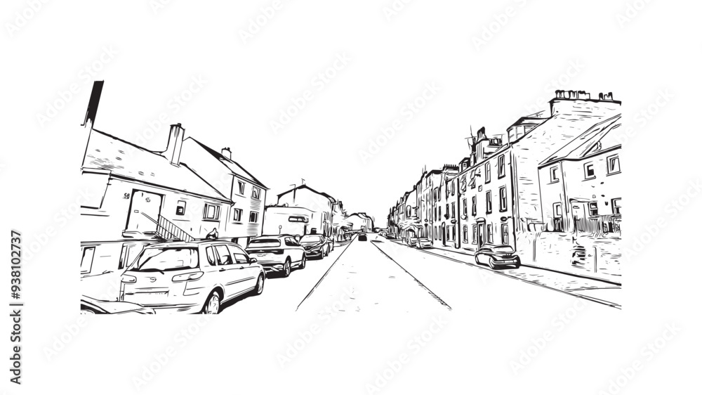 Print Building view with landmark of Stirling is the city in UK. Hand drawn sketch illustration in vector.