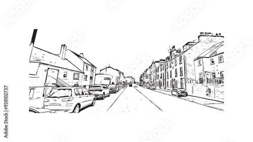 Print Building view with landmark of Stirling is the city in UK. Hand drawn sketch illustration in vector.