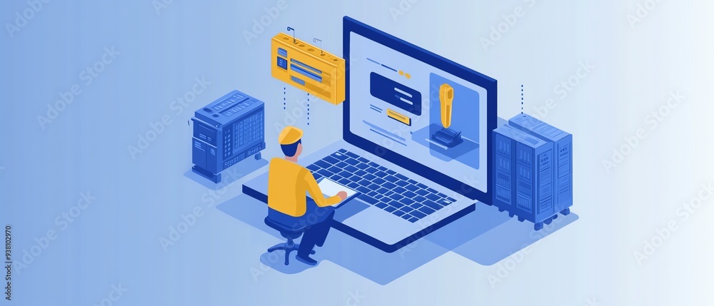 Businessman with laptop and productivity icon, enhancing productivity in industrial management, emphasizing efficiency and lean cost Businessman with laptop and productivity icon, enhancing productivity in industrial management, emphasizing efficiency and lean cost