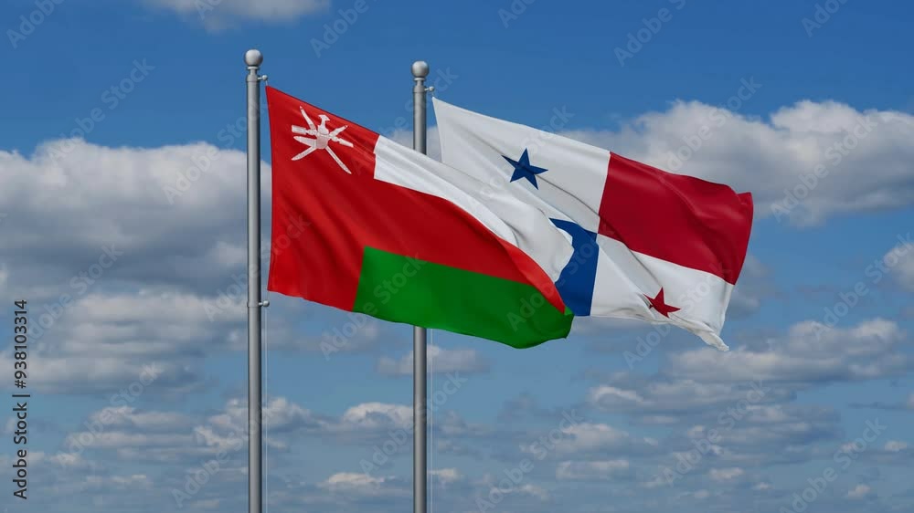 Panama and Oman flags flying together, video concept of the relationship, two country relations concept Panama and Oman flags flying together, video concept of the relationship, two country relations concept