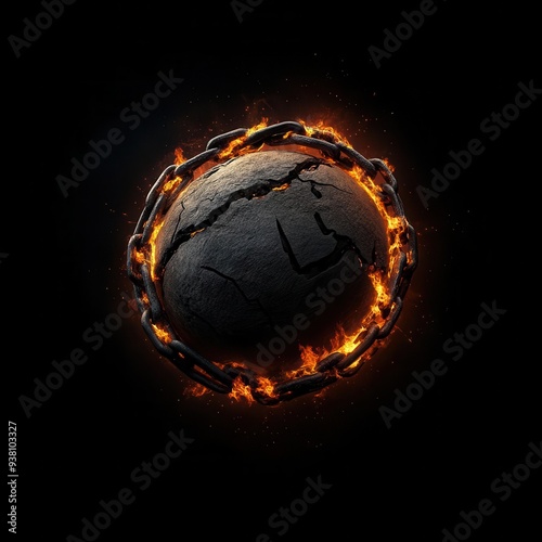 A burning Earth wrapped in chains of fire, futuristic locks glowing in intense heat, surrounded by a holographic landscape of flames and sparks photo