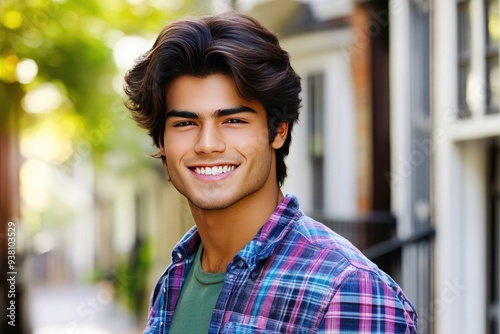 A joyful day in the city as a young Asian male enjoys a sunny afternoon outdoors, radiating confidence and warmth while showcasing vibrant urban scenery