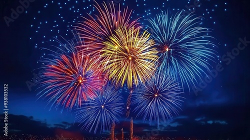 Vibrant fireworks burst in colorful displays against a night sky, creating a festive atmosphere for celebration and joy.