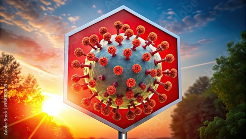 A red octagonal stop sign with a corona virus particle superimposed over it, symbolizing the need to halt the spread of the deadly disease. photo