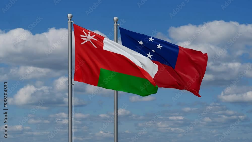 Samoa and Oman flags flying together, video concept of the relationship, two country cooperation concept