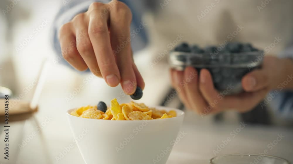 Close-up of female hands adding berries to cereal. Dietary breakfast food from cereals. Young girl leads a healthy lifestyle. Preparing breakfast on a bright morning Close-up of female hands adding berries to cereal. Dietary breakfast food from cereals. Young girl leads a healthy lifestyle. Preparing breakfast on a bright morning