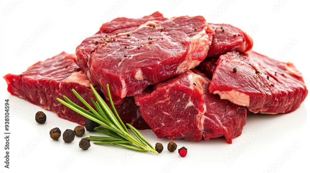 Close-up of raw beef steaks with black peppercorns and rosemary sprigs on a white background. Close-up of raw beef steaks with black peppercorns and rosemary sprigs on a white background.