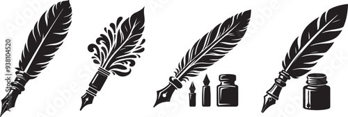 A set of old ink pen with feather silhouette image