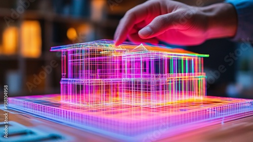 A close-up view of an engineers hand making adjustments to a glowing 3D holographic representation of a mechanical structure highlighting the accuracy necessary in engineering design Stock Photo with