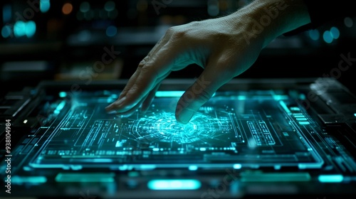 A close-up view of an engineers hand making adjustments to a glowing 3D holographic representation of a mechanical structure highlighting the accuracy necessary in engineering design Stock Photo with photo