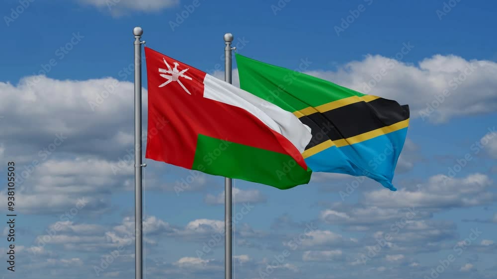 Tanzania and Oman flags flying together, video concept of the relationship, two country relations concept Tanzania and Oman flags flying together, video concept of the relationship, two country relations concept