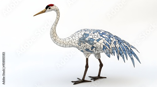 111. **A detailed 3D render of a ceramic tile art showcasing a graceful crane with intricate tilework, isolated on a white background photo