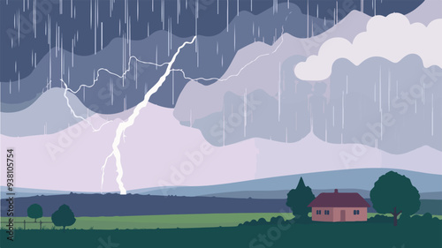 Illustration of a dramatic lightning strike during a heavy rainstorm over a rural landscape with a solitary house