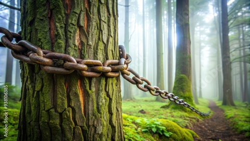 A rugged metal chain wrapped tightly around a tree trunk, symbolizing constraint, obstacle, and limitation in a misty, atmospheric forest landscape. photo