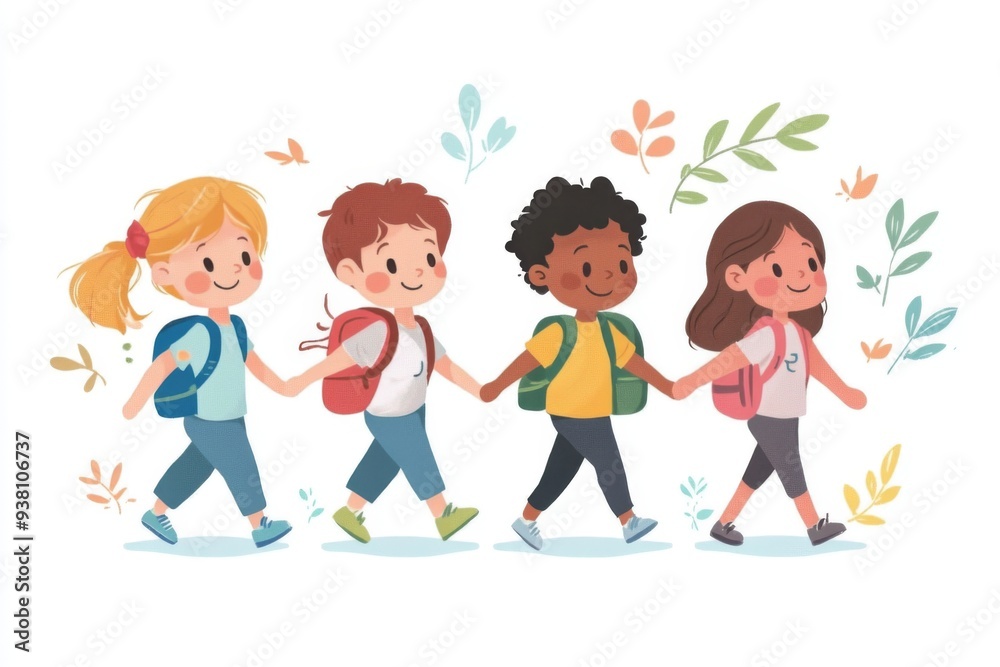A group of happy children holding hands and walking together on their first day of school A group of happy children holding hands and walking together on their first day of school
