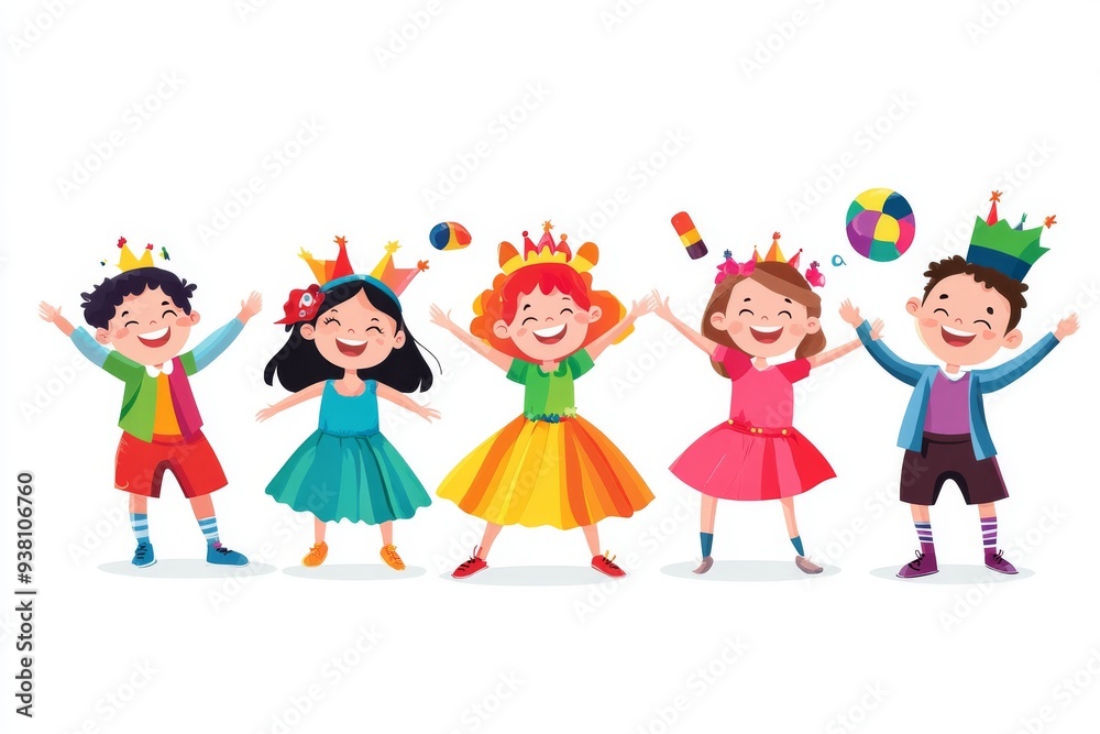 A lively scene showcasing a group of students in colorful costumes, fully engaged in a school play, surrounded by imaginative props. The illustration captures the joy and creativity of youth theater. A lively scene showcasing a group of students in colorful costumes, fully engaged in a school play, surrounded by imaginative props. The illustration captures the joy and creativity of youth theater.