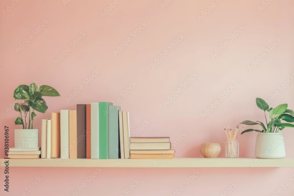 A minimalist bookshelf with a few favorite novels and decorative objects against a soft pastel wall A minimalist bookshelf with a few favorite novels and decorative objects against a soft pastel wall