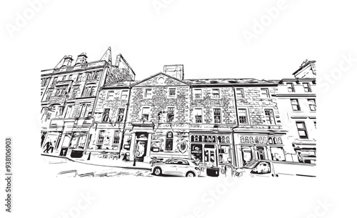 Print Building view with landmark of Stirling is the city in UK. Hand drawn sketch illustration in vector.