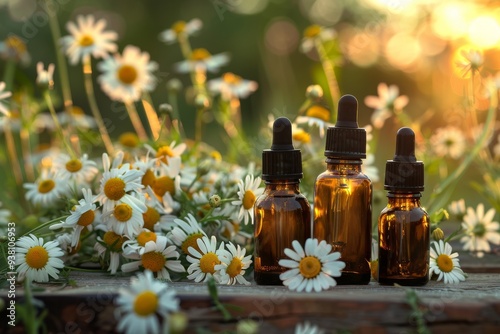 Three amber glass bottles with droppers filled with chamomile essential oil, surrounded by chamomile flowers and a soft, natural background.