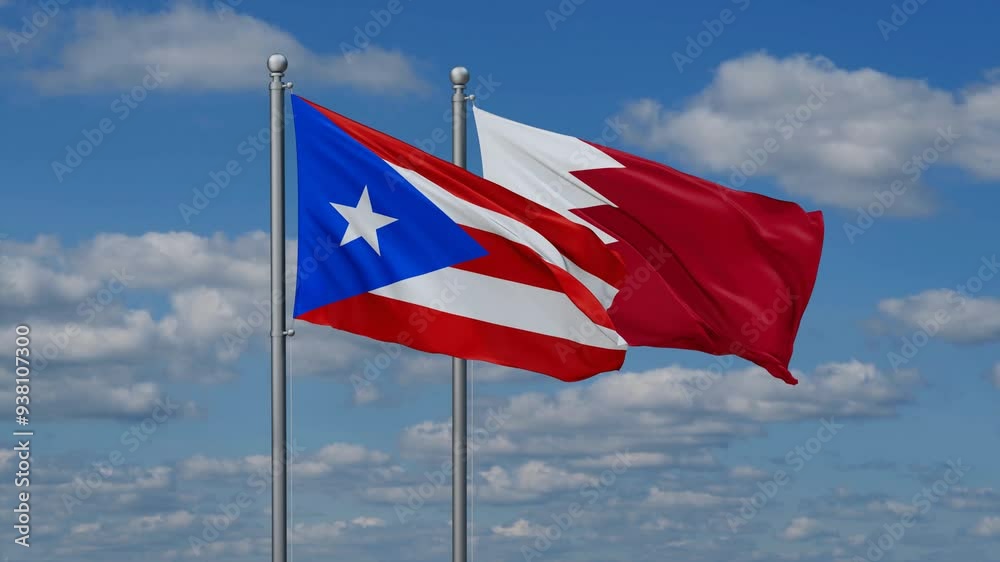 Bahrain and Puerto Rico flags flying together, video concept of the relationship, two country relations concept Bahrain and Puerto Rico flags flying together, video concept of the relationship, two country relations concept