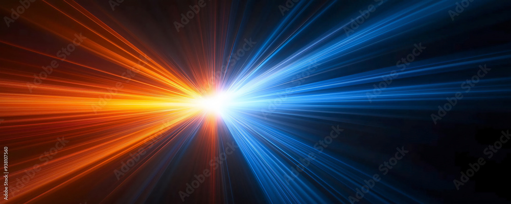 Obraz premium Rays of blue and orange light on a black background, a light speed effect, an energy beam with a sun flash flare.