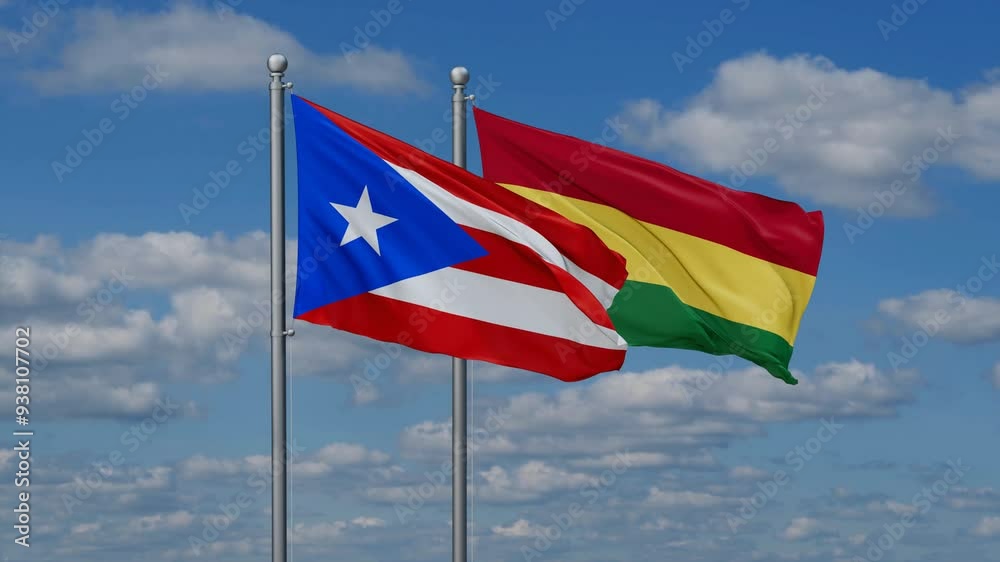 Bolivia and Puerto Rico flags flying together, video concept of the relationship, two country relations concept Bolivia and Puerto Rico flags flying together, video concept of the relationship, two country relations concept