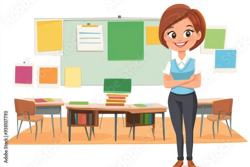 A smiling cartoon teacher standing in front of a colorful classroom 