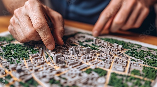 A city planner carefully studies a detailed 3D holographic map of an urban area floating in front of them showcasing the advanced technology used in modern urban development planning Stock Photo with