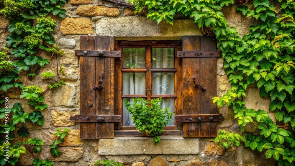 A rustic wooden window with a square pane and old-fashioned iron hinges, adorned with lush green vines, adds charm to a weathered stone wall. A rustic wooden window with a square pane and old-fashioned iron hinges, adorned with lush green vines, adds charm to a weathered stone wall.