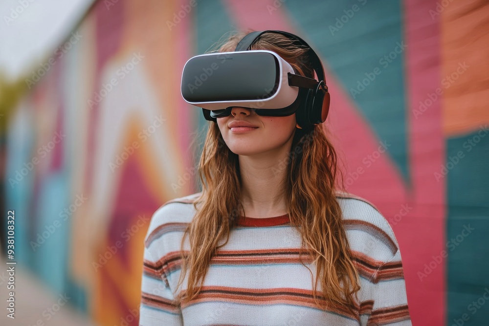 Woman Wearing VR Headset with Striped Background Symbolizing the Fusion of Technology and Modern Art Woman Wearing VR Headset with Striped Background Symbolizing the Fusion of Technology and Modern Art