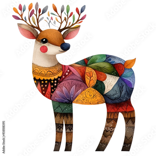 A vibrant, patterned deer with colorful antlers and a whimsical design, perfect for artistic and creative projects. photo