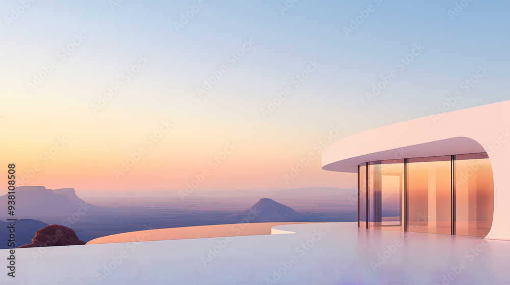 White luxury modern villa with beautiful desert view, minimalist curve line design, scene for car presentation White luxury modern villa with beautiful desert view, minimalist curve line design, scene for car presentation