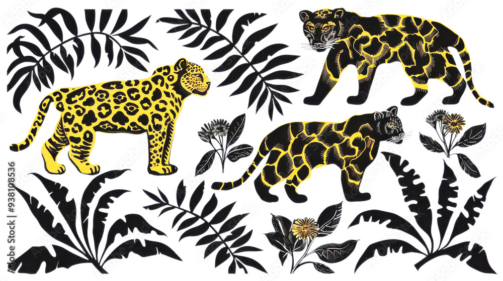 Obraz premium abstract black and orange leopard linocut set with botanical plant