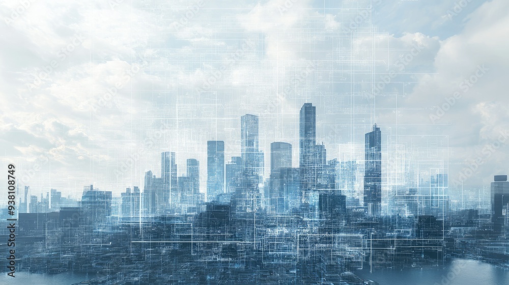 Futuristic cityscape with digital blueprints overlay Futuristic cityscape with digital blueprints overlay