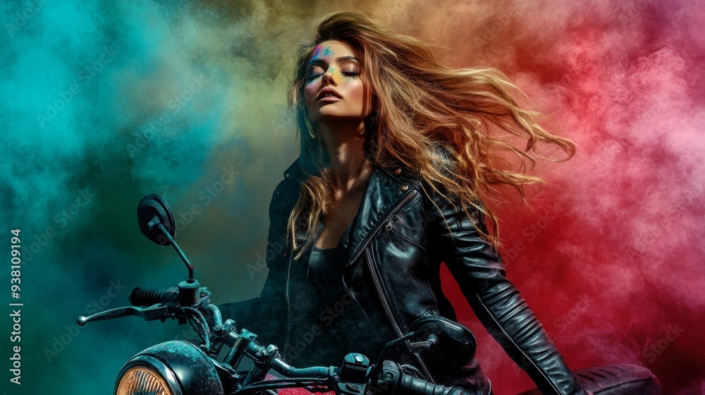Obraz premium A sexy biker with colored powder