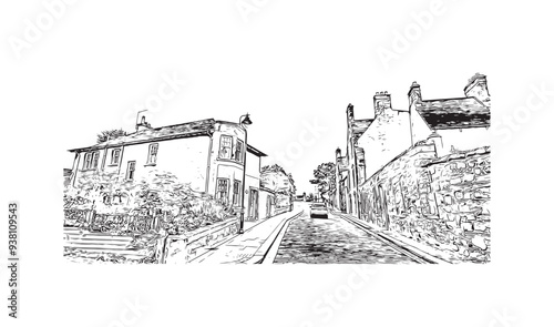 Print Building view with landmark of Stirling is the city in UK. Hand drawn sketch illustration in vector.