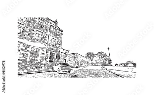 Print Building view with landmark of Stirling is the city in UK. Hand drawn sketch illustration in vector.