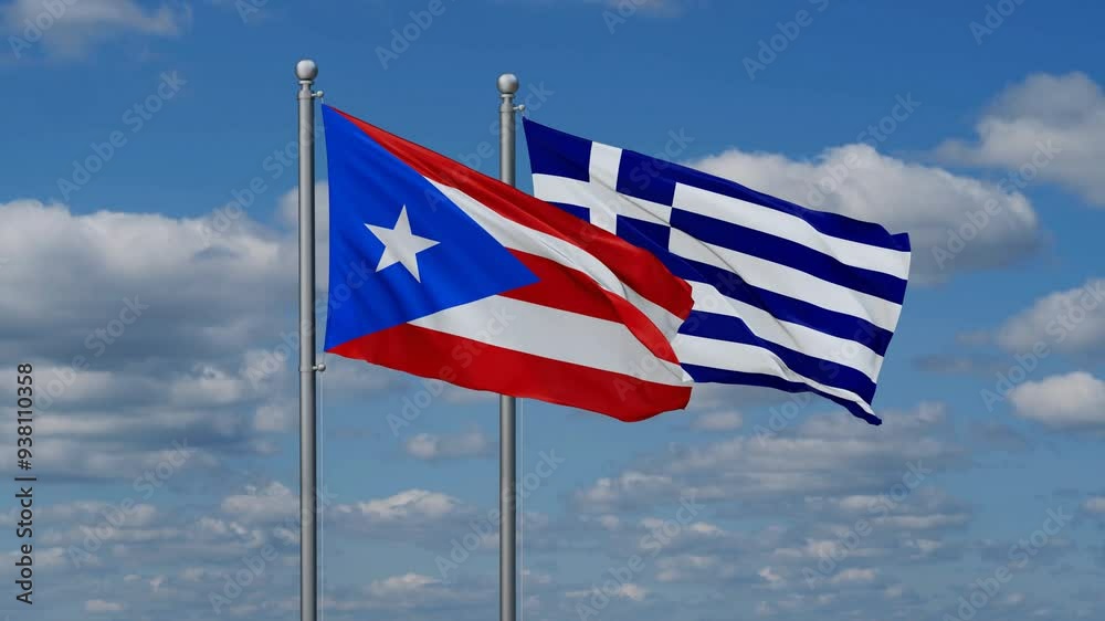 Greece and Puerto Rico flags flying together, video concept of the relationship, two country relations concept Greece and Puerto Rico flags flying together, video concept of the relationship, two country relations concept