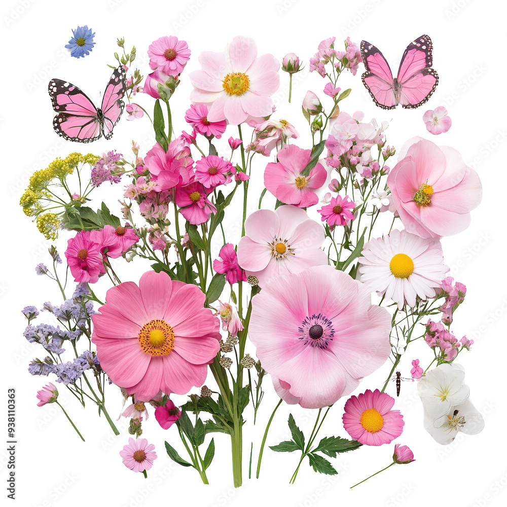 A vibrant bouquet of colorful flowers with delicate butterflies, perfect for adding a touch of nature's beauty to any project. A vibrant bouquet of colorful flowers with delicate butterflies, perfect for adding a touch of nature's beauty to any project.
