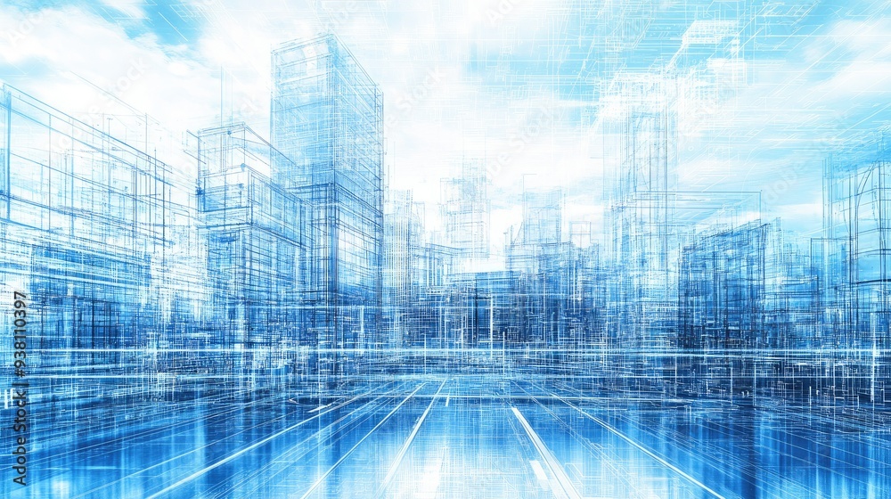 Futuristic cityscape with digital blueprints overlay Futuristic cityscape with digital blueprints overlay