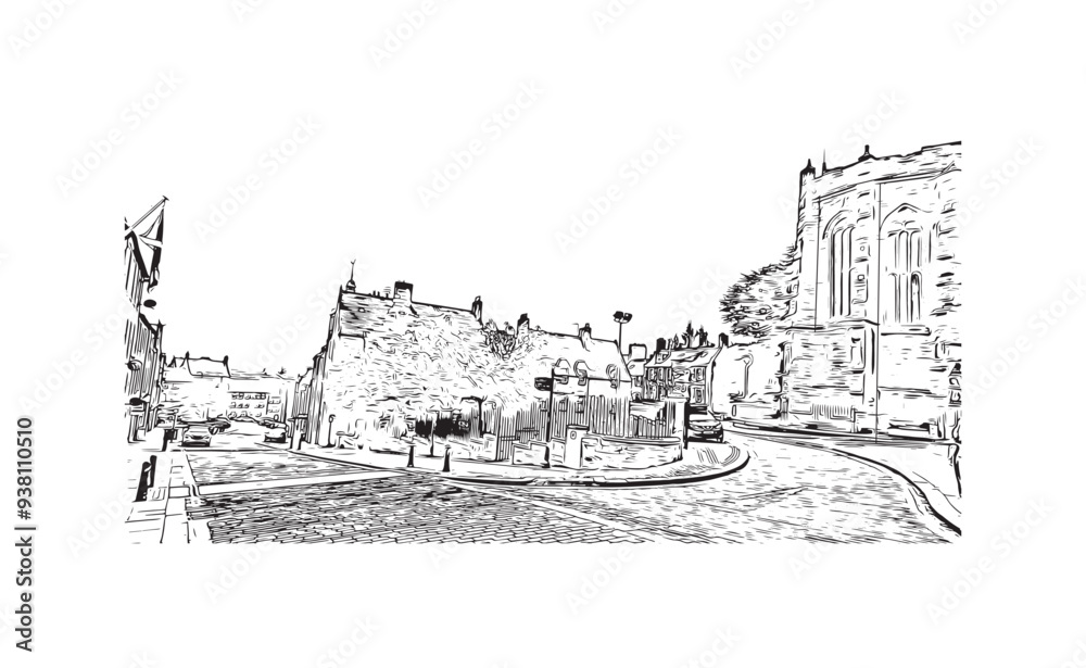 Print Building view with landmark of Stirling is the city in UK. Hand drawn sketch illustration in vector. Print Building view with landmark of Stirling is the city in UK. Hand drawn sketch illustration in vector.