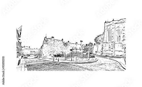 Print Building view with landmark of Stirling is the city in UK. Hand drawn sketch illustration in vector.