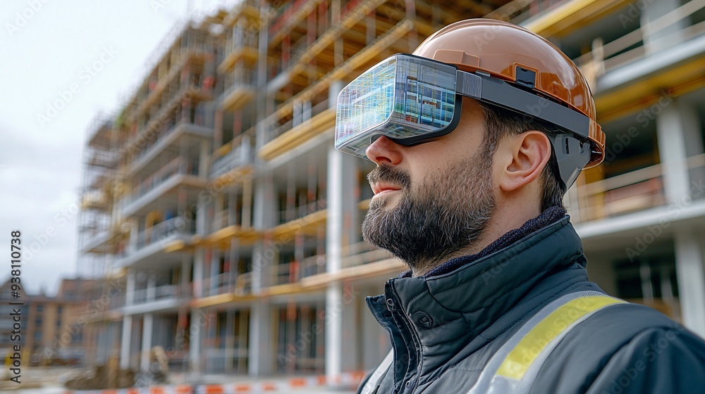 An architect wearing augmented reality glasses on a construction site viewing a 3D holographic overlay of the project confirming that the physical build aligns perfectly with the digital model Stock An architect wearing augmented reality glasses on a construction site viewing a 3D holographic overlay of the project confirming that the physical build aligns perfectly with the digital model Stock