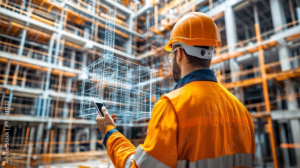 A construction professional using a handheld device to project a 3D hologram of the completed structure over the ongoing construction site checking for any deviations from the planned design Stock A construction professional using a handheld device to project a 3D hologram of the completed structure over the ongoing construction site checking for any deviations from the planned design Stock