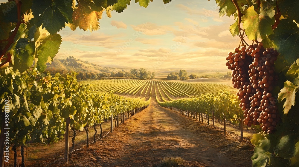 Naklejka premium Lush sprawling vineyard landscape with clusters of ripe grapes hanging from the vines ready for the upcoming harvest season The verdant rows of grape vines stretch out into the distance