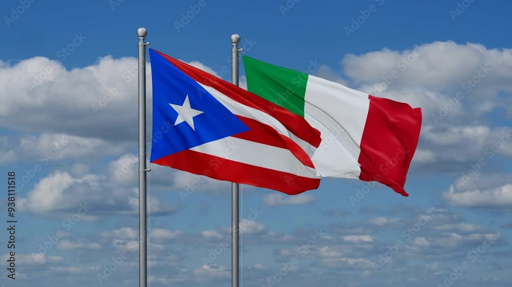 Italy and Puerto Rico flags flying together, video concept of the relationship, two country cooperation concept Italy and Puerto Rico flags flying together, video concept of the relationship, two country cooperation concept
