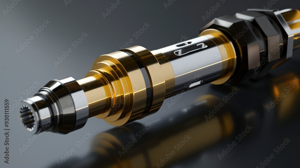 A close-up of a gold and black industrial component with a reflective surface. A close-up of a gold and black industrial component with a reflective surface.