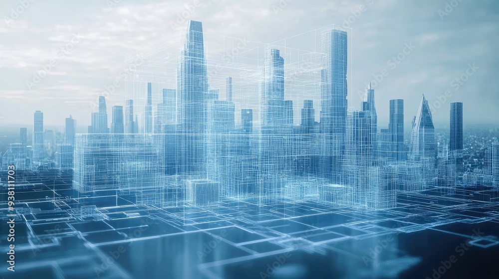 Futuristic cityscape with digital blueprints overlay Futuristic cityscape with digital blueprints overlay