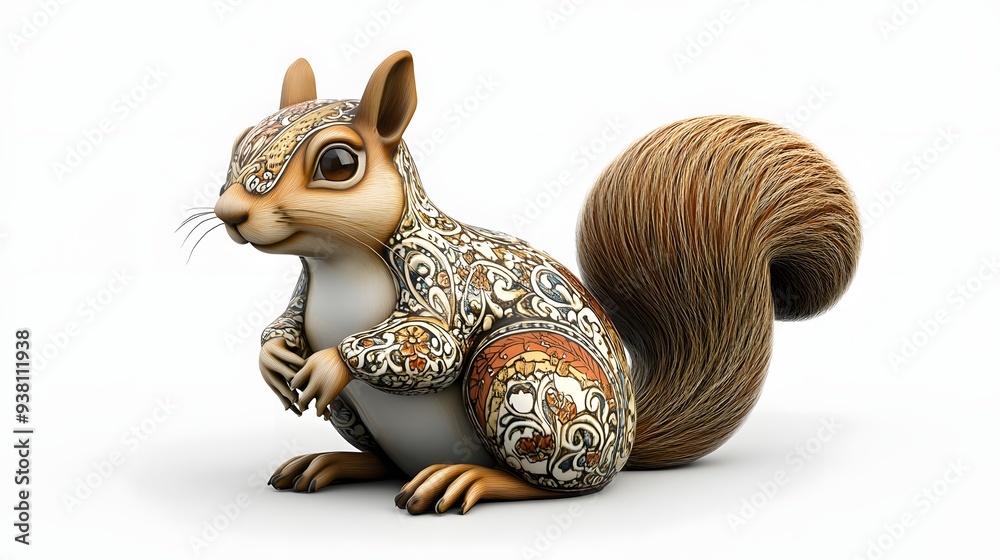 100. **A lifelike 3D render of a ceramic tile art depicting a charming squirrel with intricate designs and textures, isolated on a white background 100. **A lifelike 3D render of a ceramic tile art depicting a charming squirrel with intricate designs and textures, isolated on a white background